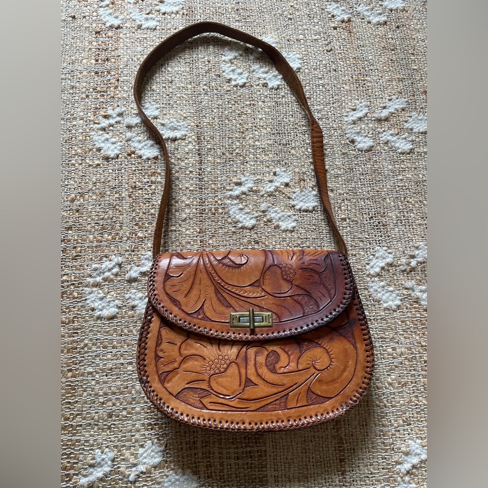 Vintage Leather Tooled Brown Flap Shoulder Bag